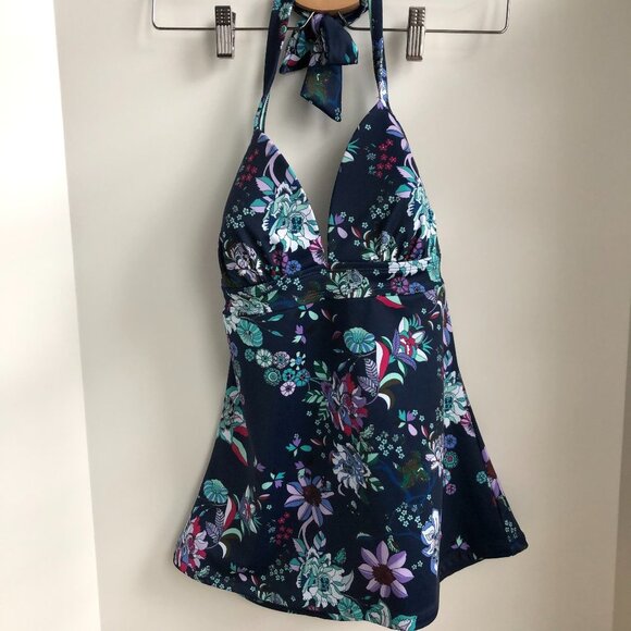 Jessica Simpson Swim Floral V Neck Tankini Navy Purple Blue White Size M - Picture 5 of 11